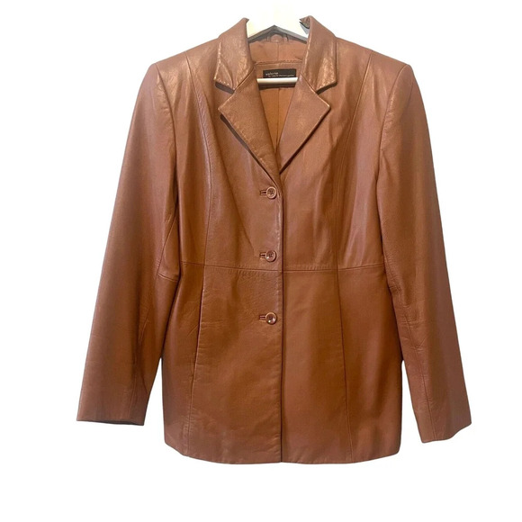 Vintage VALERIE STEVENS Women's Camel Soft Leather Mid Jacket Size Petite Medium - Picture 1 of 8